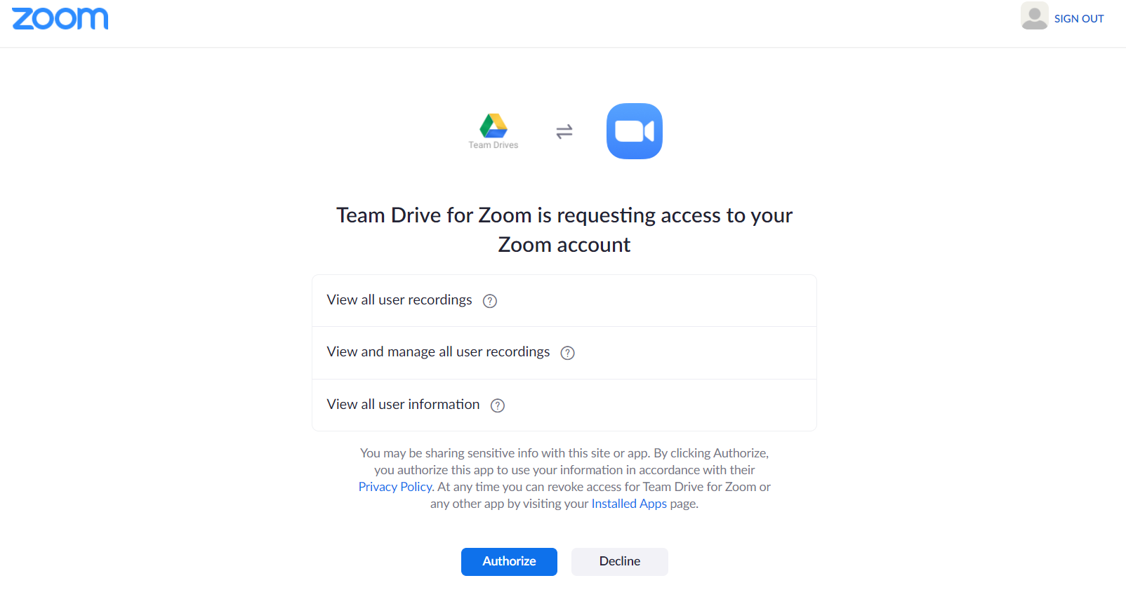 Click on the Allow button to give access to your Zoom account